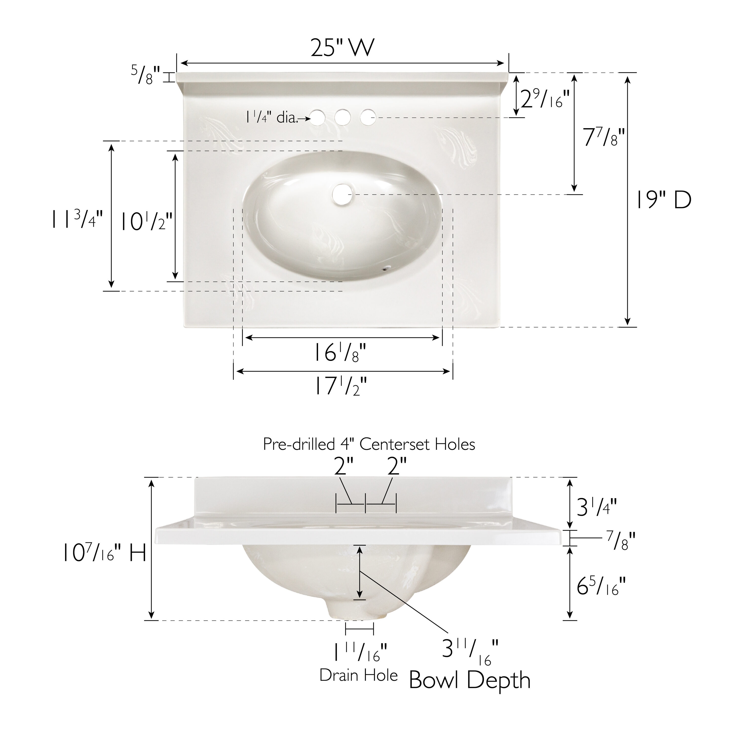 Tope de tocador de baño de 25 pulgadas x 19 pulgadas con lavabo individual integrado de mármol cultivado en tono marfil con remolinos - 3 orificios