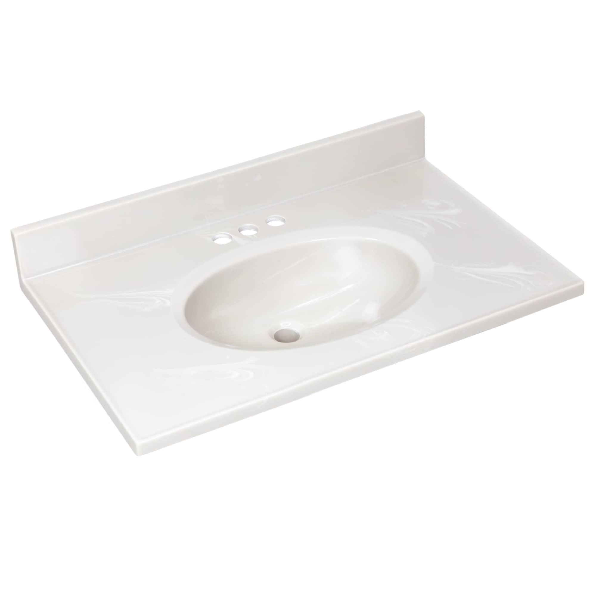 Encimera de baño de mármol cultivado con fregadero individual en color marfil con diseño de remolinos, 31 pulgadas x 19 pulgadas, y 3 orificios para grifería.