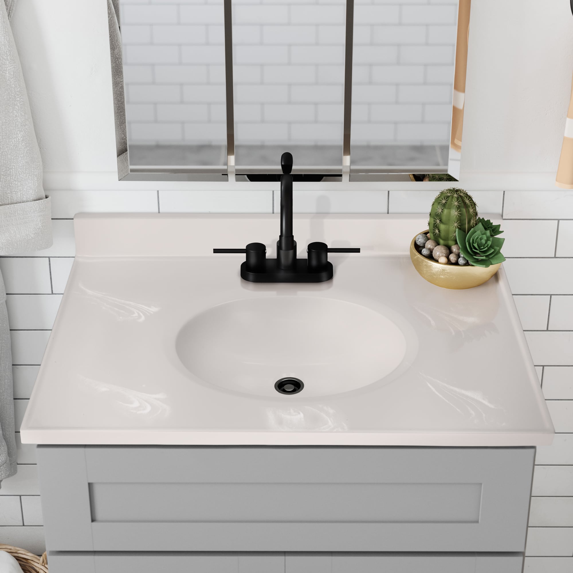 Encimera de baño de mármol cultivado con fregadero individual en color marfil con diseño de remolinos, 31 pulgadas x 19 pulgadas, y 3 orificios para grifería.