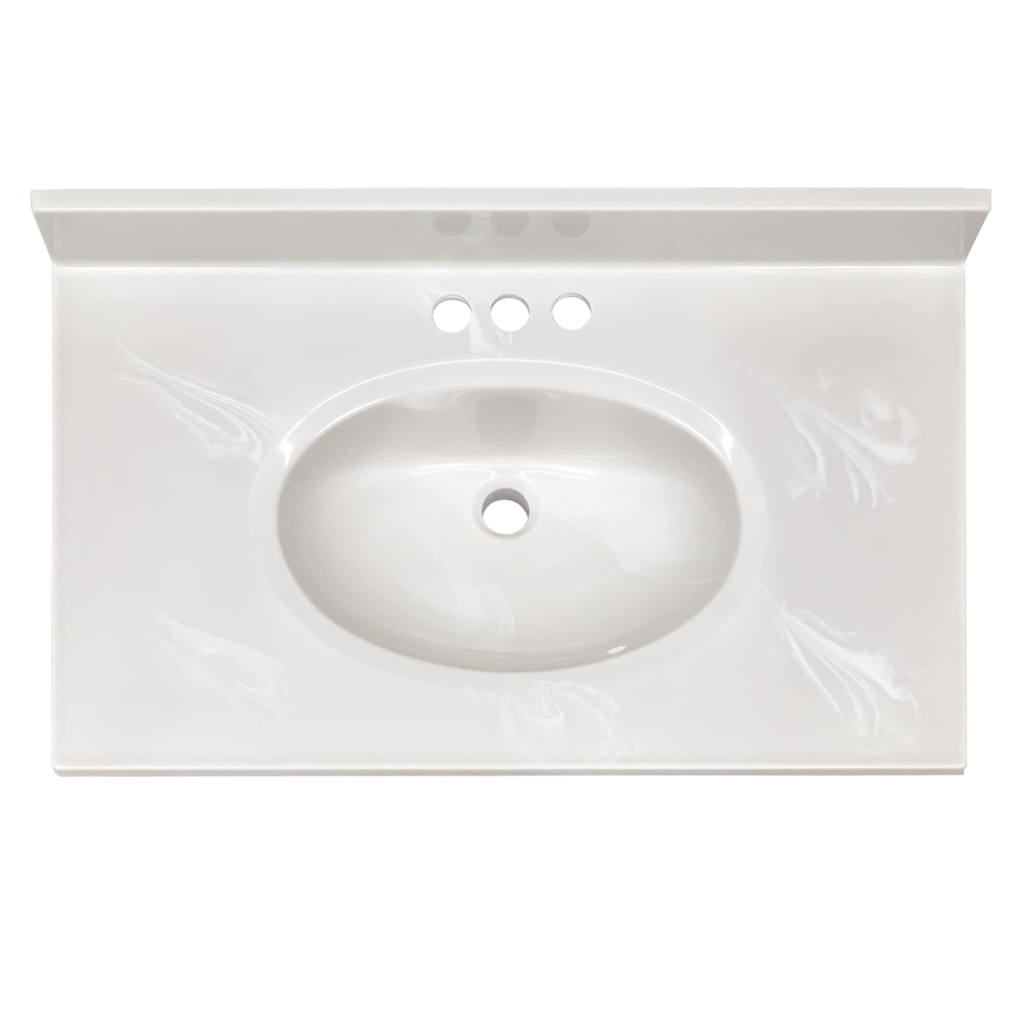 Encimera de baño de mármol cultivado con fregadero individual en color marfil con diseño de remolinos, 31 pulgadas x 19 pulgadas, y 3 orificios para grifería.