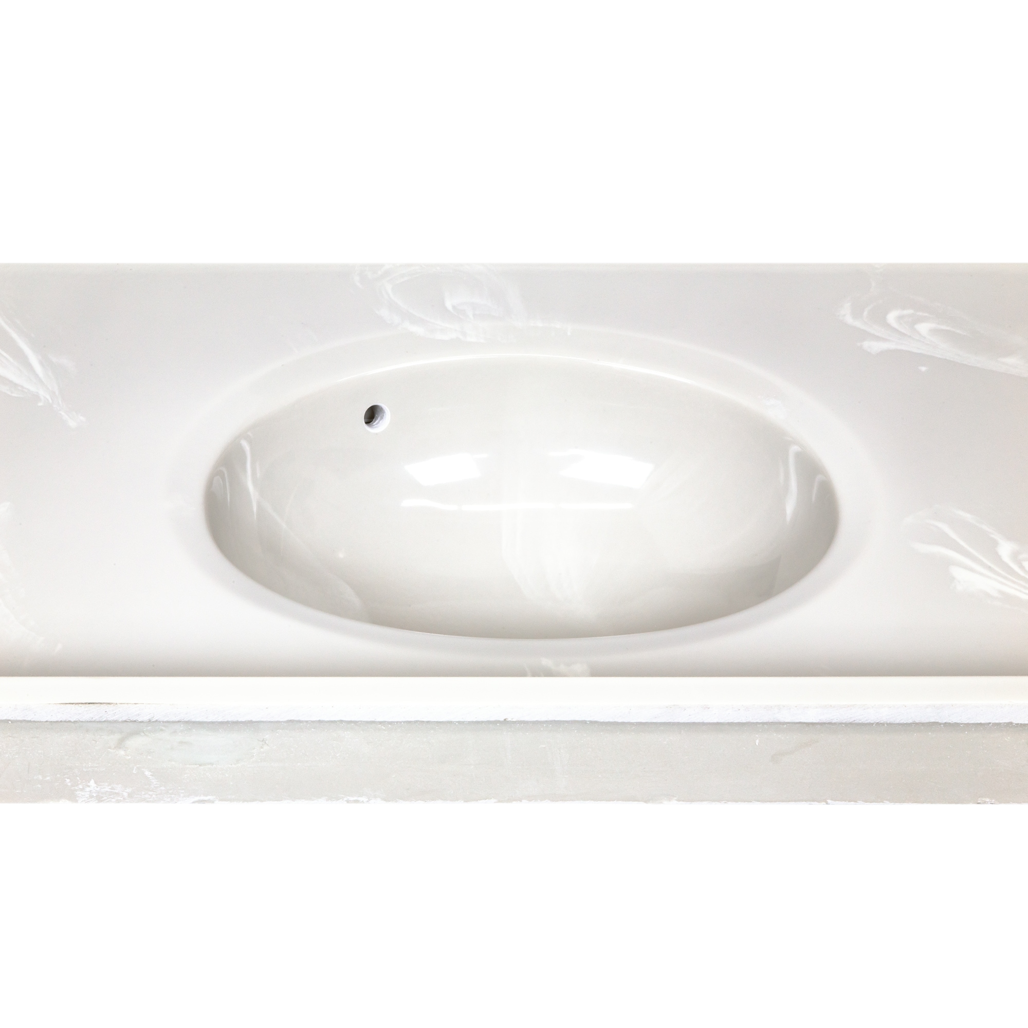 Encimera de baño de mármol cultivado con fregadero individual en color marfil con diseño de remolinos, 31 pulgadas x 19 pulgadas, y 3 orificios para grifería.