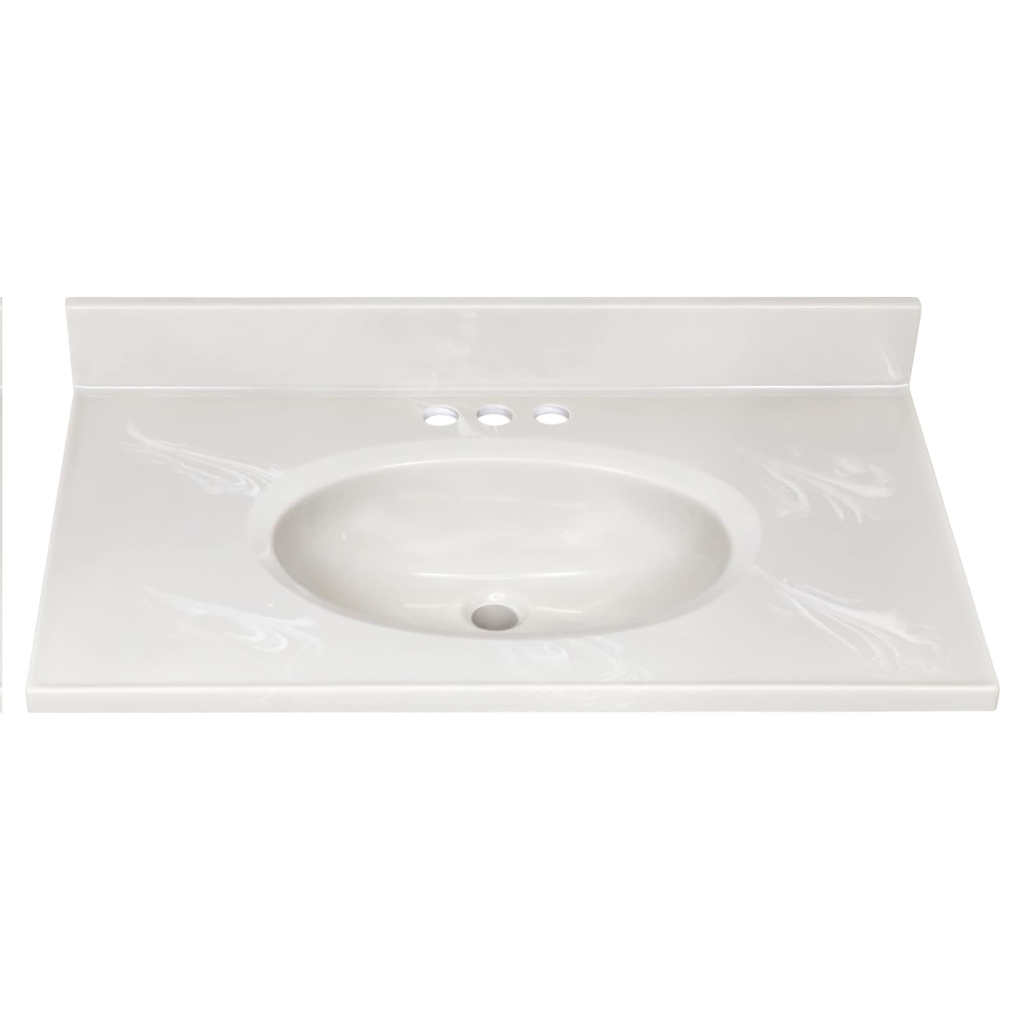 Encimera de baño de mármol cultivado con fregadero individual en color marfil con diseño de remolinos, 31 pulgadas x 19 pulgadas, y 3 orificios para grifería.