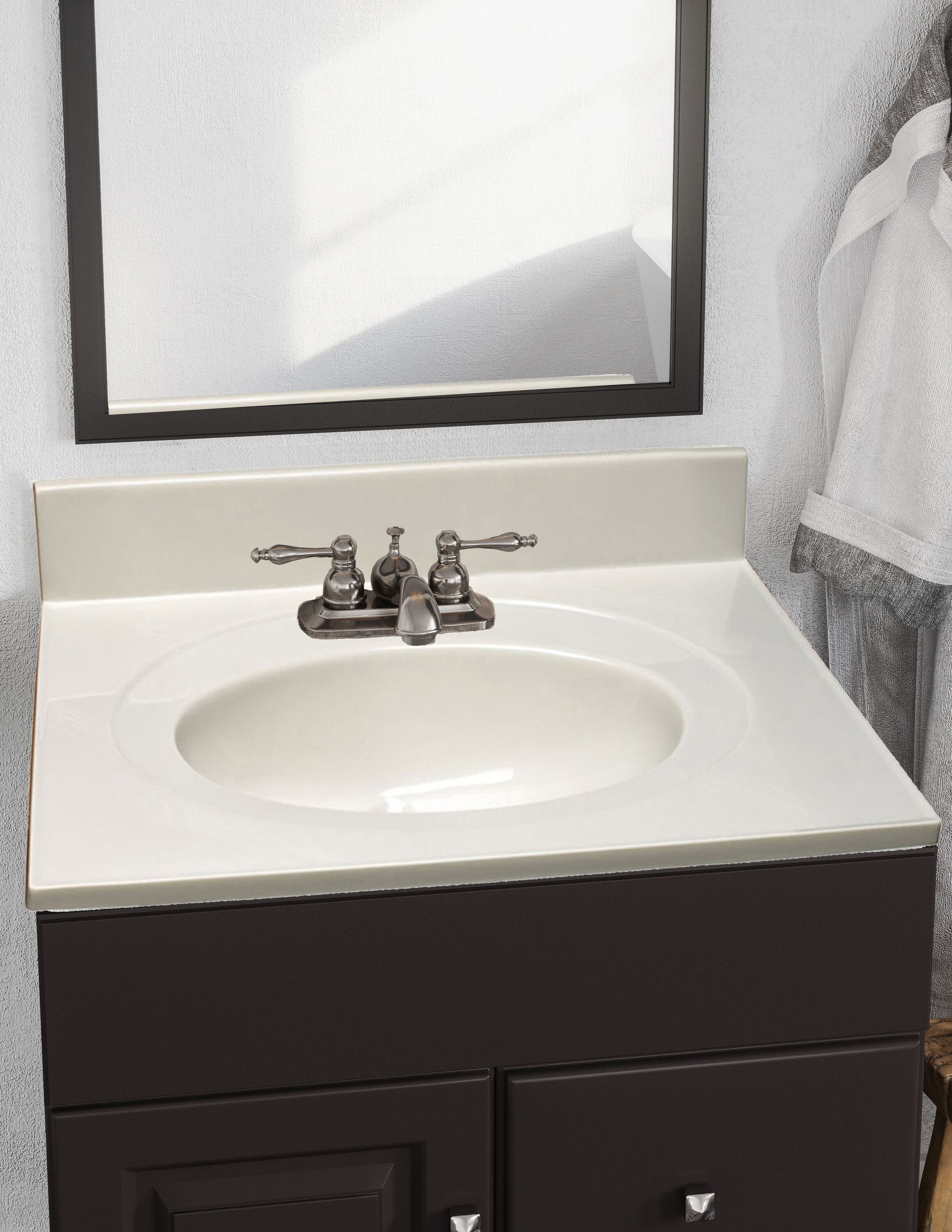 Encimera para baño de mármol cultivado con lavabo individual integrado en color marfil de diseño Swirl de 25 pulgadas x 22 pulgadas con 3 orificios - 586313