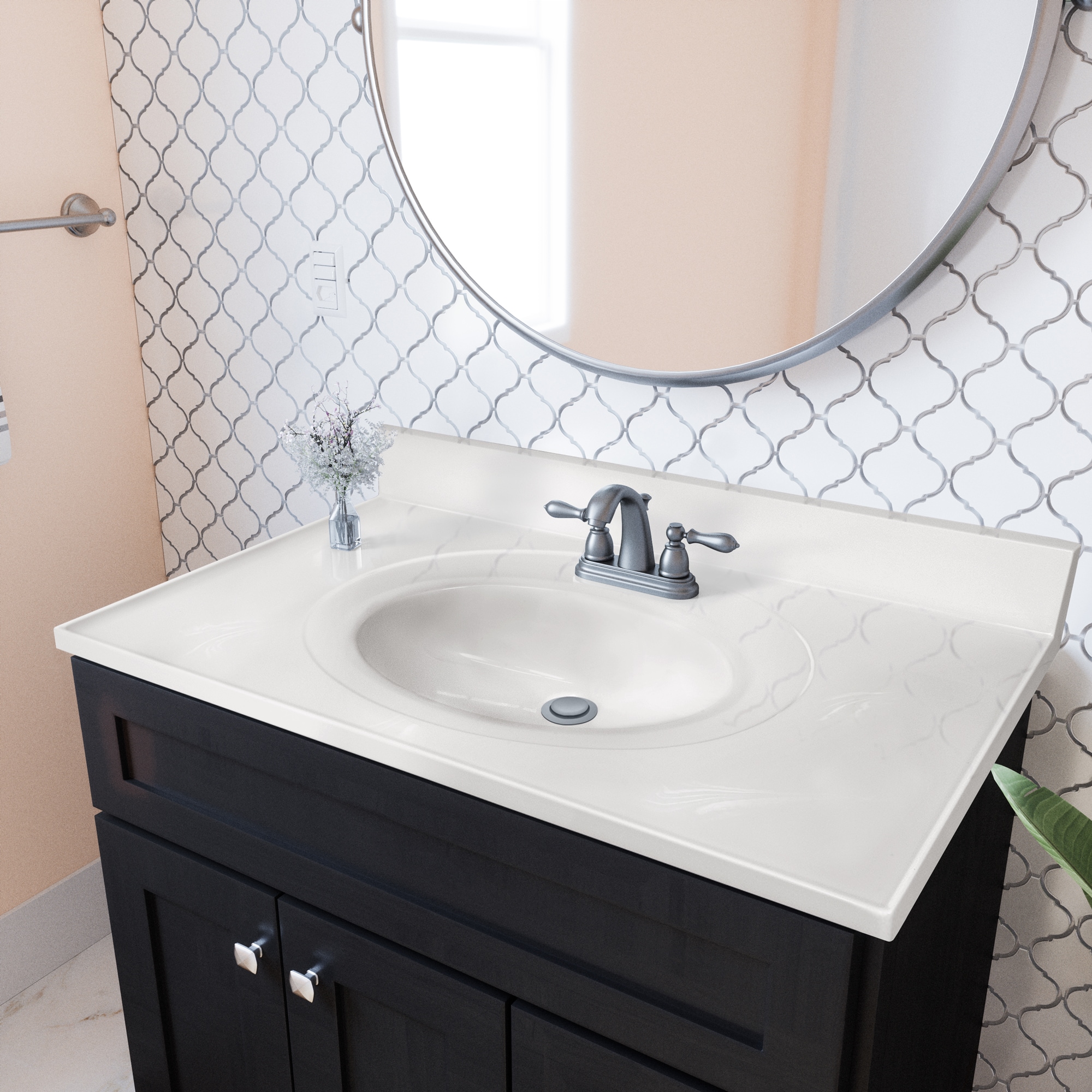 Encimera de baño de mármol cultivado con fregadero individual en remolino marfil de 37 pulgadas x 22 pulgadas, con 3 orificios - Diseño de Casa
