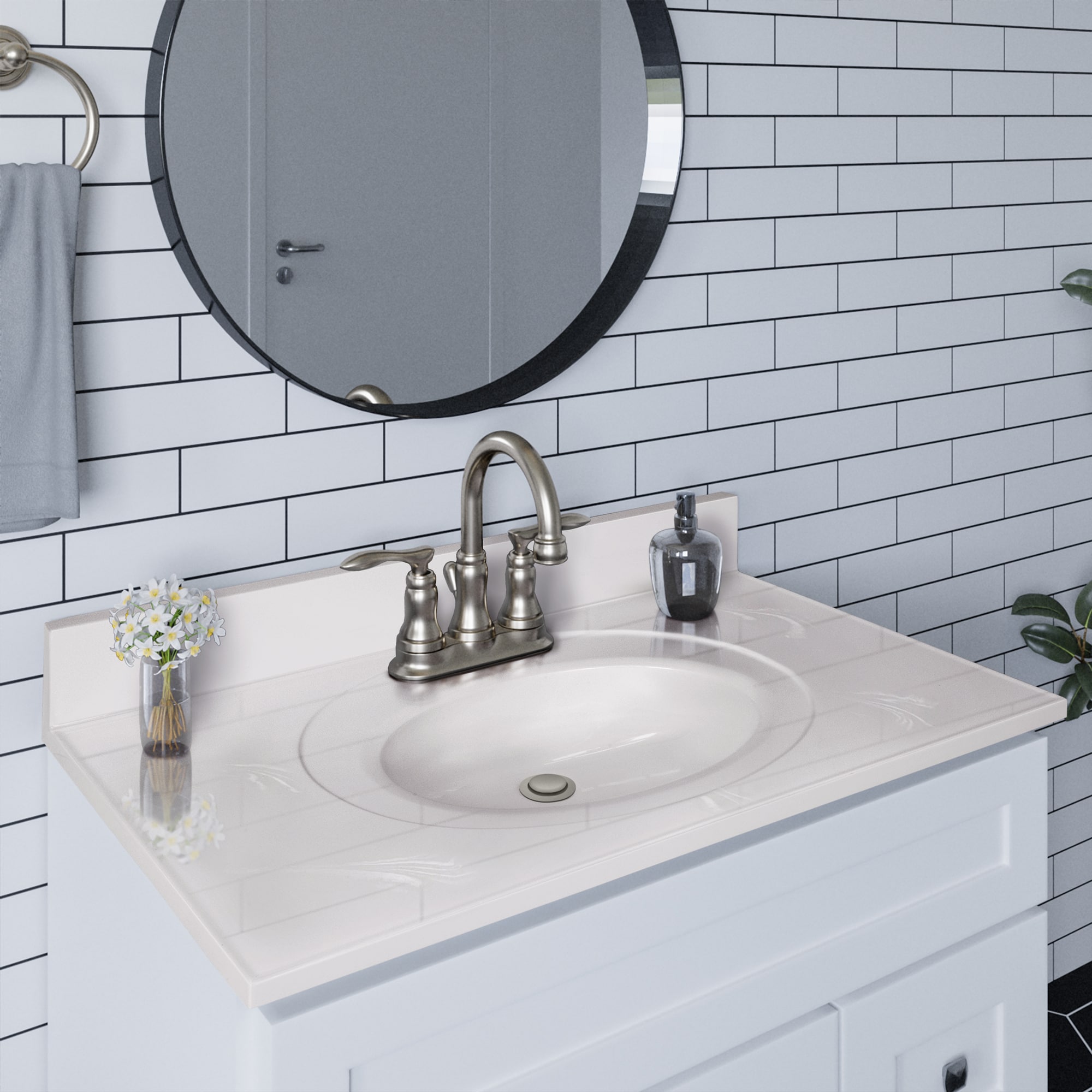Encimera de baño de mármol cultivado con fregadero individual en remolino marfil de 37 pulgadas x 22 pulgadas, con 3 orificios - Diseño de Casa