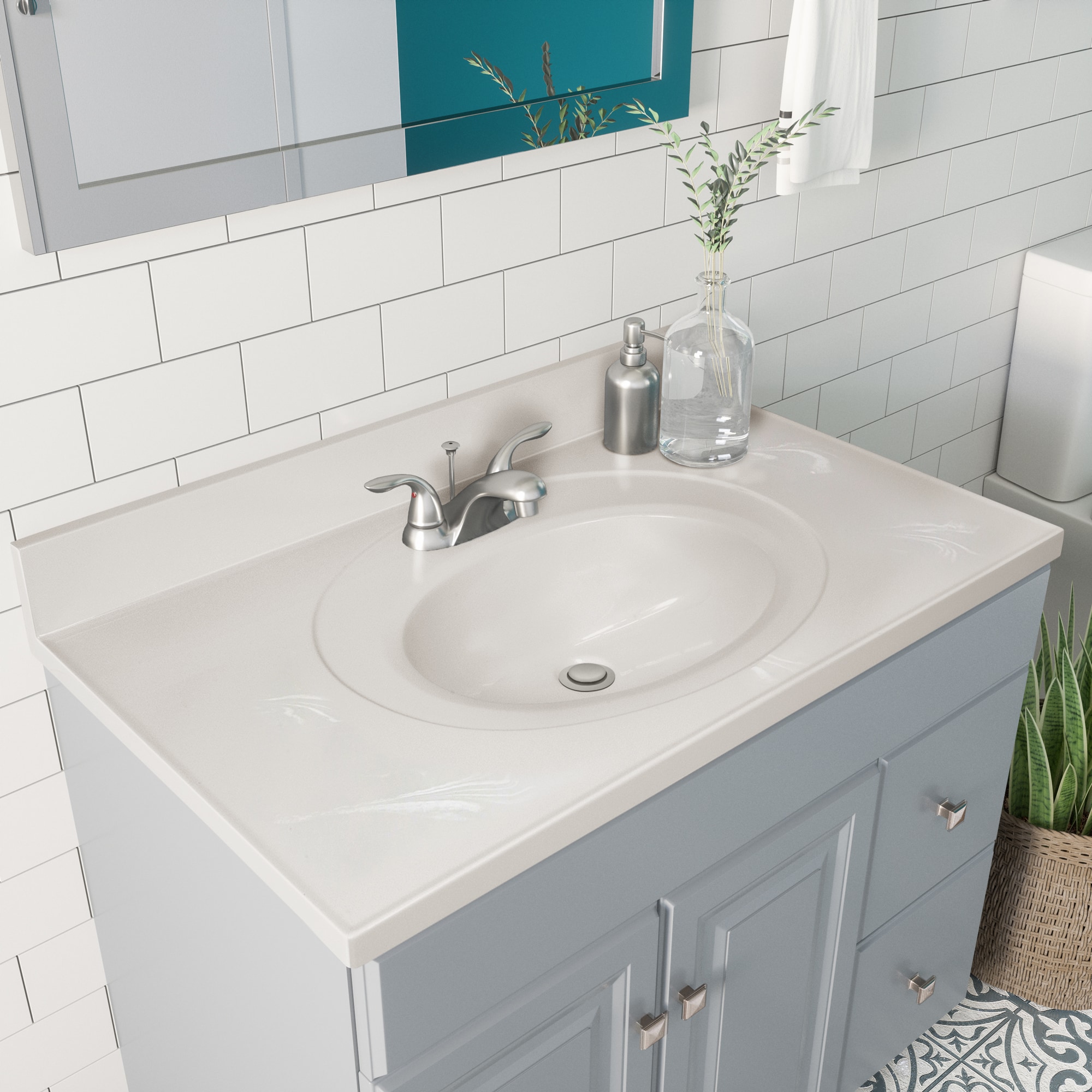 Encimera de baño de mármol cultivado con fregadero individual en remolino marfil de 37 pulgadas x 22 pulgadas, con 3 orificios - Diseño de Casa