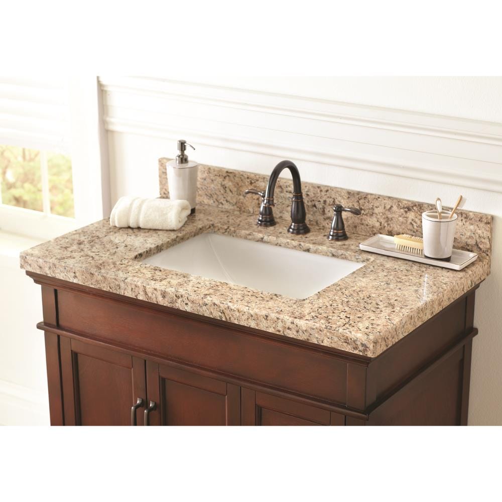 Encimera de baño Giallo Ornamental de granito con lavabo individual bajo encimera de 37 pulgadas x 22 pulgadas y 3 hoyos de MarCraft Essential 37886.