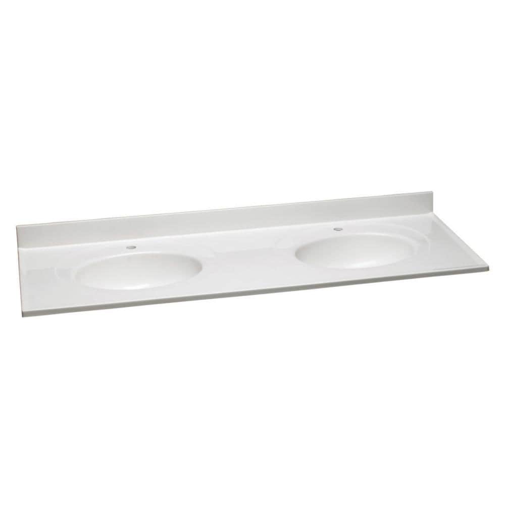 Encimera de baño de mármol sólido blanco de 61 pulgadas x 22 pulgadas con doble lavabo y un solo orificio - Modelo 597385