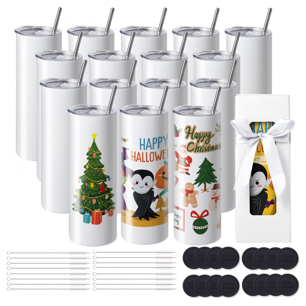 VEVOR 16 Pack Sublimation Tumblers 20oz Skinny Straight, Stainless Steel Sublimation Tumblers Blank, Stainless Steel Double Wall Tumbler for Heat Transfer Customized Gifts with Lid and Straw, Gift Box - KBJPJTJBXG16SECJMV0