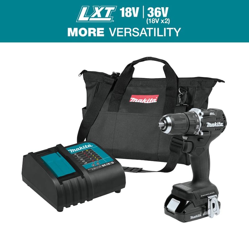 Kit Taladro Destornillador Inalámbrico de Velocidad Variable con Motor sin Escobillas de Iones de Litio Subcompacto 18V LXT de Makita, 1/2 pulgadas, 1.5Ah - XFD15SY1B