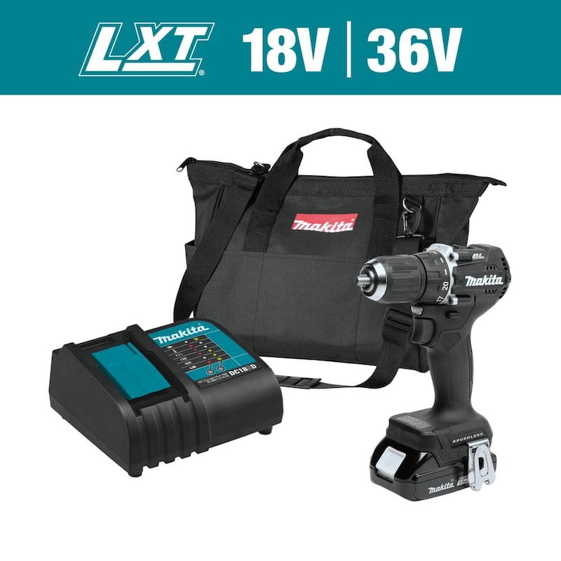 Kit Taladro Destornillador Inalámbrico de Velocidad Variable con Motor sin Escobillas de Iones de Litio Subcompacto 18V LXT de Makita, 1/2 pulgadas, 1.5Ah - XFD15SY1B