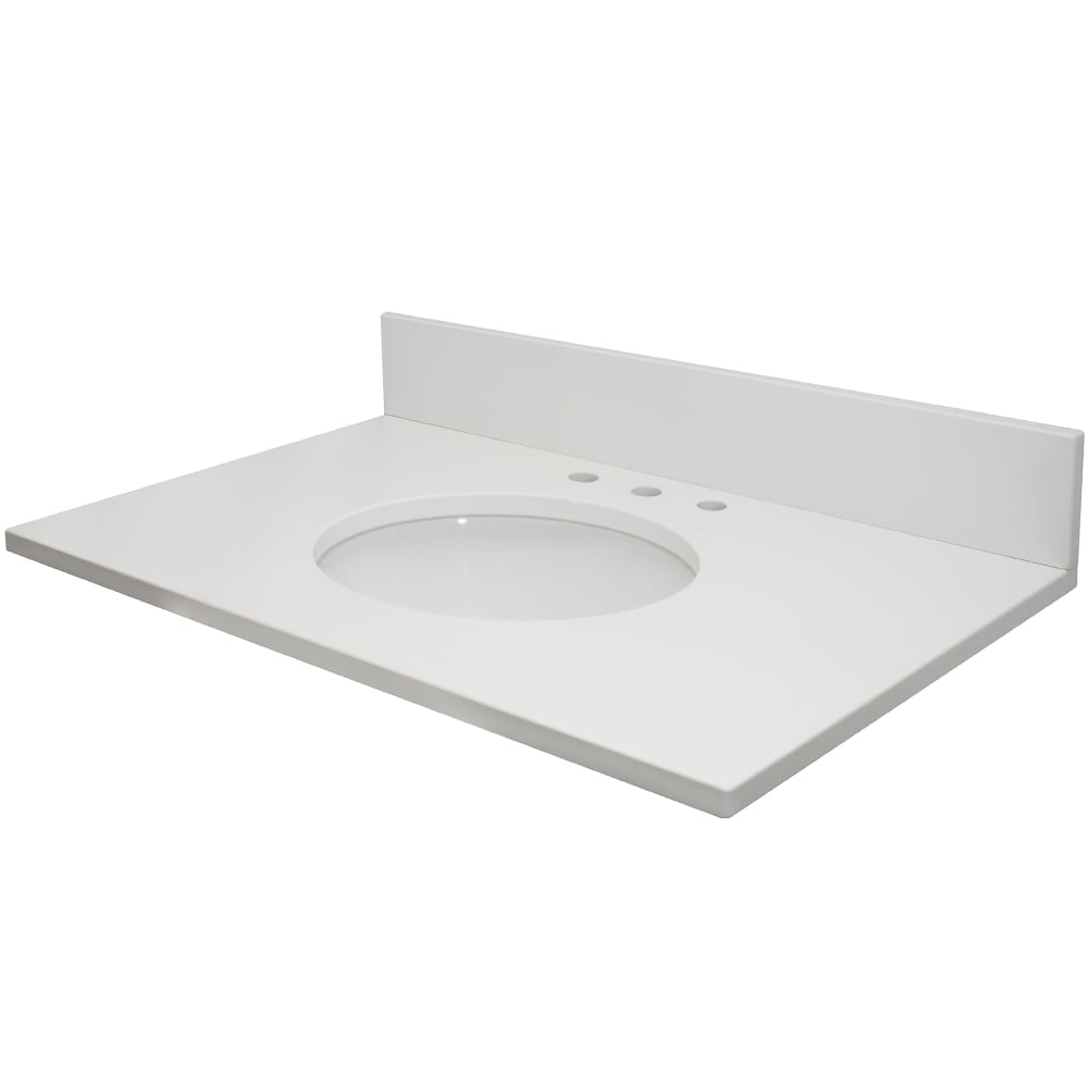 Tapa de tocador para baño de cuarzo blanco sereno pulido MarCraft Vista de 25 pulgadas x 22 pulgadas con fregadero individual bajo cubierta de 3 agujeros