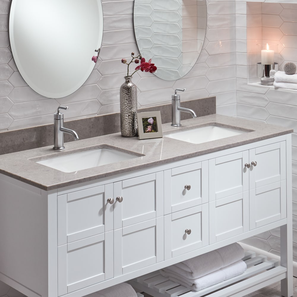 Encimera de baño con doble lavabo bajo de cuarzo diamante pulido de 61 pulgadas x 22 pulgadas, MarCraft Vista, con 3 orificios