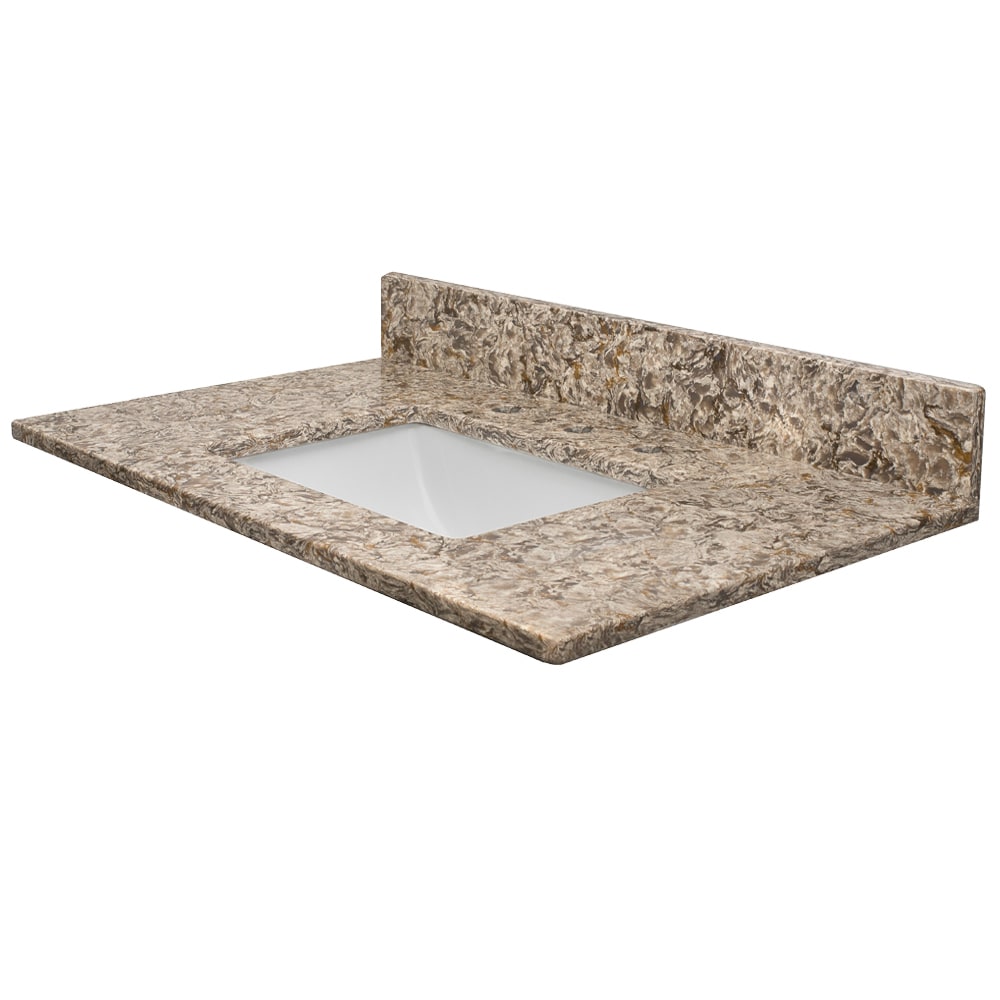 Tope de tocador de baño de cuarzo Alterra pulido, con fregadero individual bajo encimera de 25 pulgadas x 22 pulgadas y 3 orificios (VQAT2522801) de MarCraft Vista.