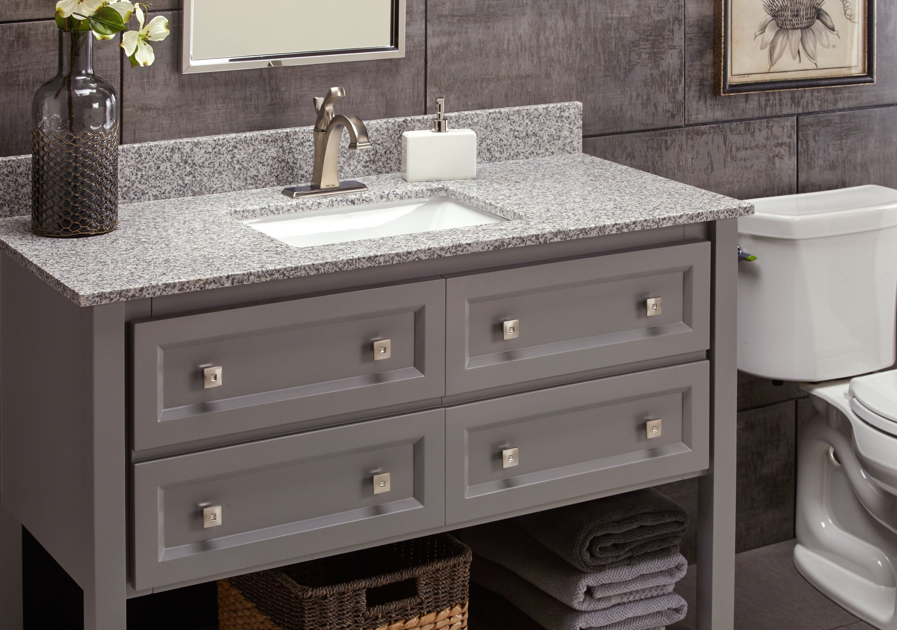 Tapa de tocador de baño de granito litos pulido de 31 pulgadas x 22 pulgadas con fregadero individual bajo encimera de 3 agujeros MarCraft Vista