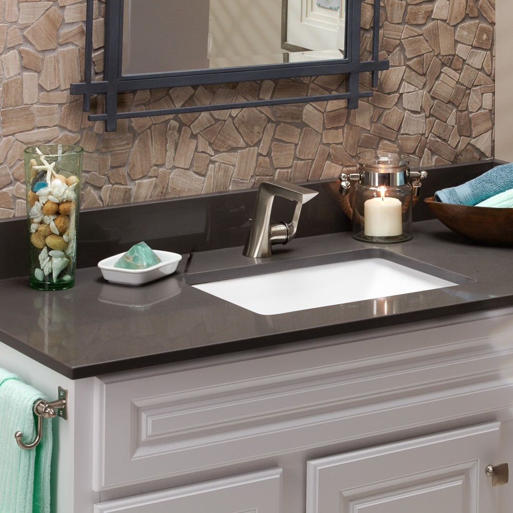 Tapa de tocador de baño de cuarzo gris mineral pulido de 25 pulgadas x 22 pulgadas con lavabo simple debajo del mostrador y 3 agujeros - MarCraft Vista VQMG2522801