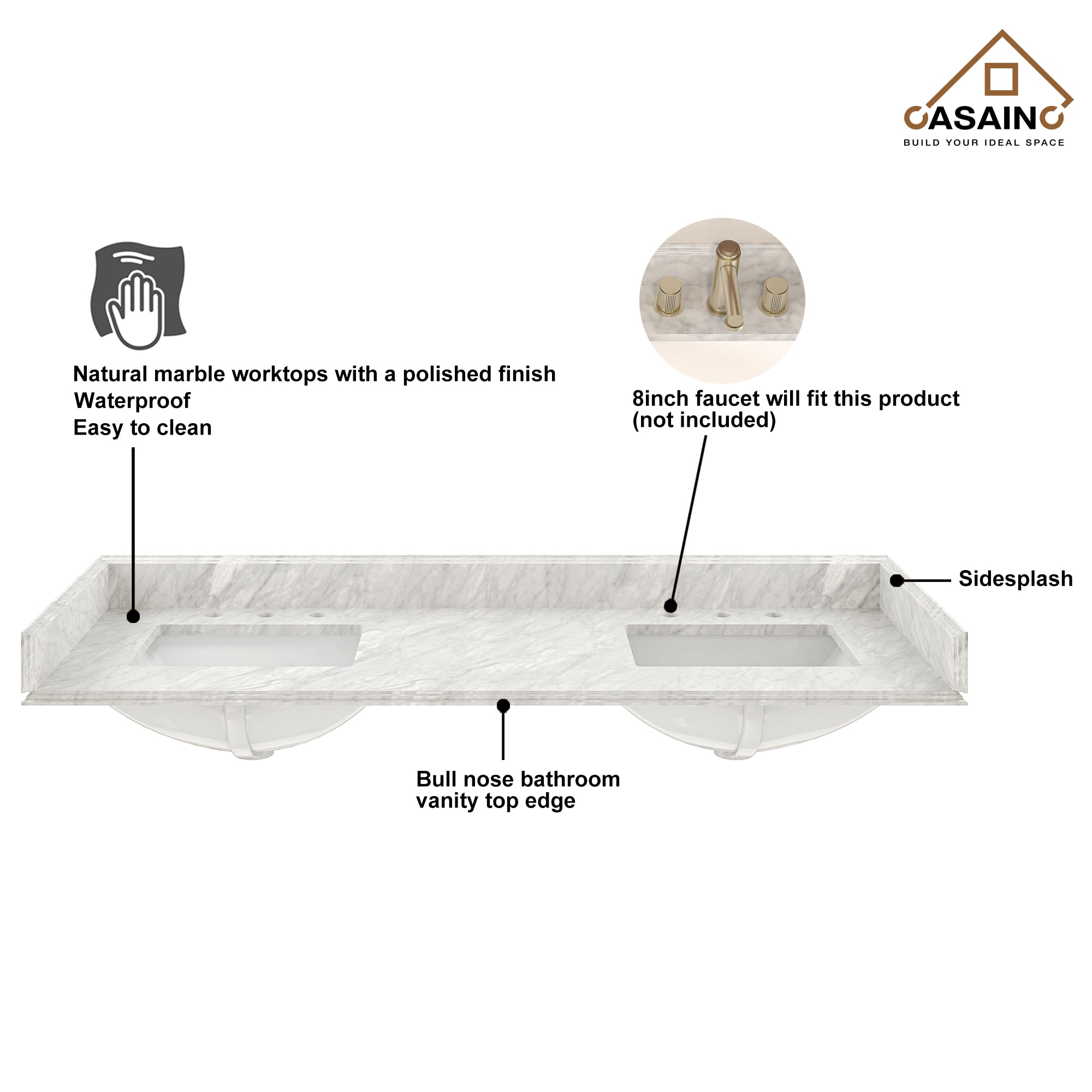 Tapa de tocador de baño de mármol natural blanco Carrara con dos lavabos empotrados de 61 pulgadas x 22 pulgadas y 6 orificios de CASAINC