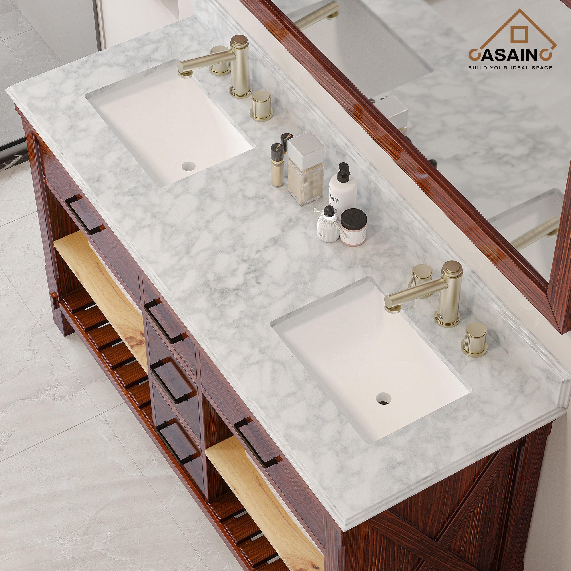 Tapa de tocador de baño de mármol natural blanco Carrara con dos lavabos empotrados de 61 pulgadas x 22 pulgadas y 6 orificios de CASAINC