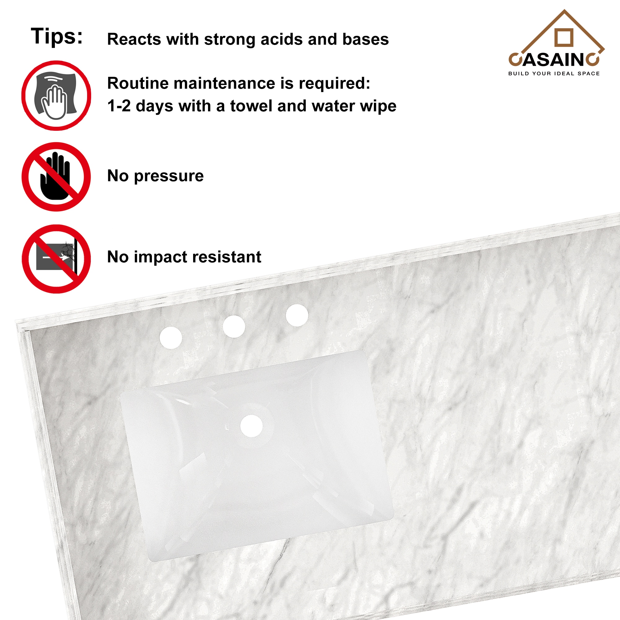 Tapa de tocador de baño de mármol natural blanco Carrara con dos lavabos empotrados de 61 pulgadas x 22 pulgadas y 6 orificios de CASAINC