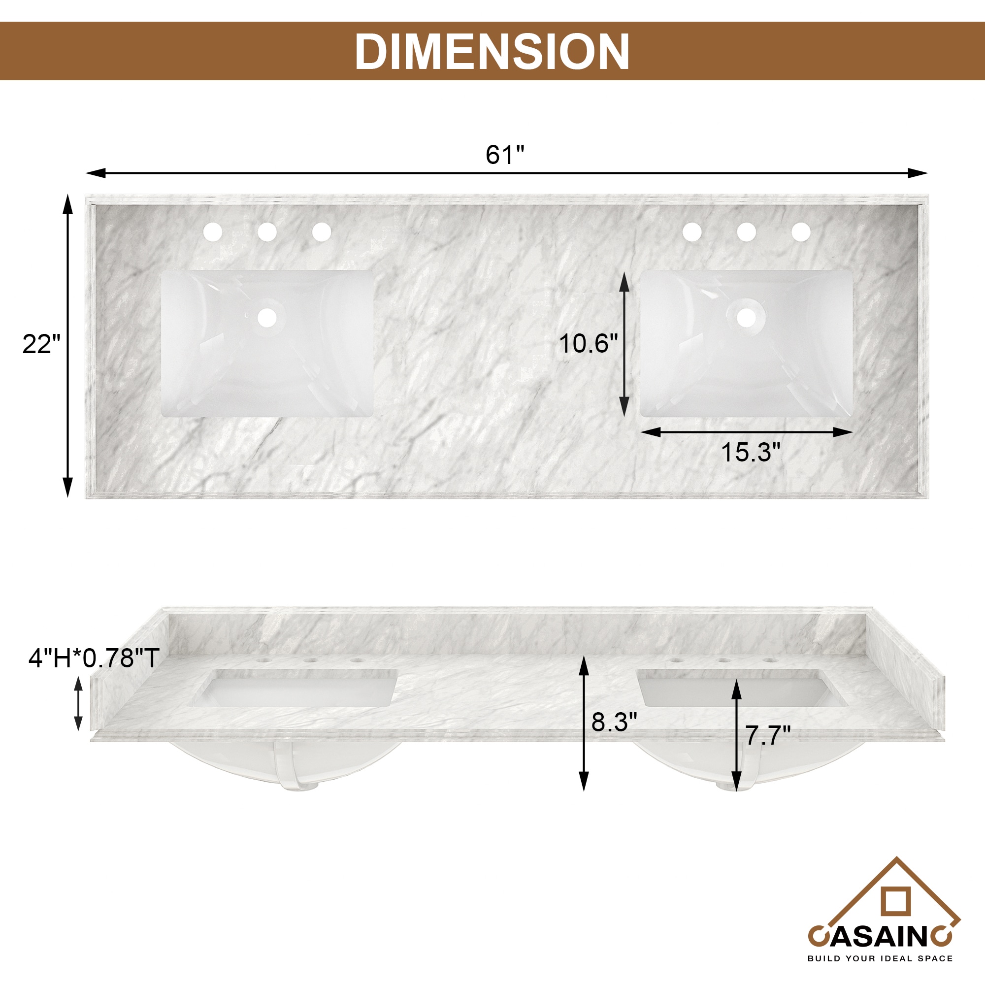 Tapa de tocador de baño de mármol natural blanco Carrara con dos lavabos empotrados de 61 pulgadas x 22 pulgadas y 6 orificios de CASAINC