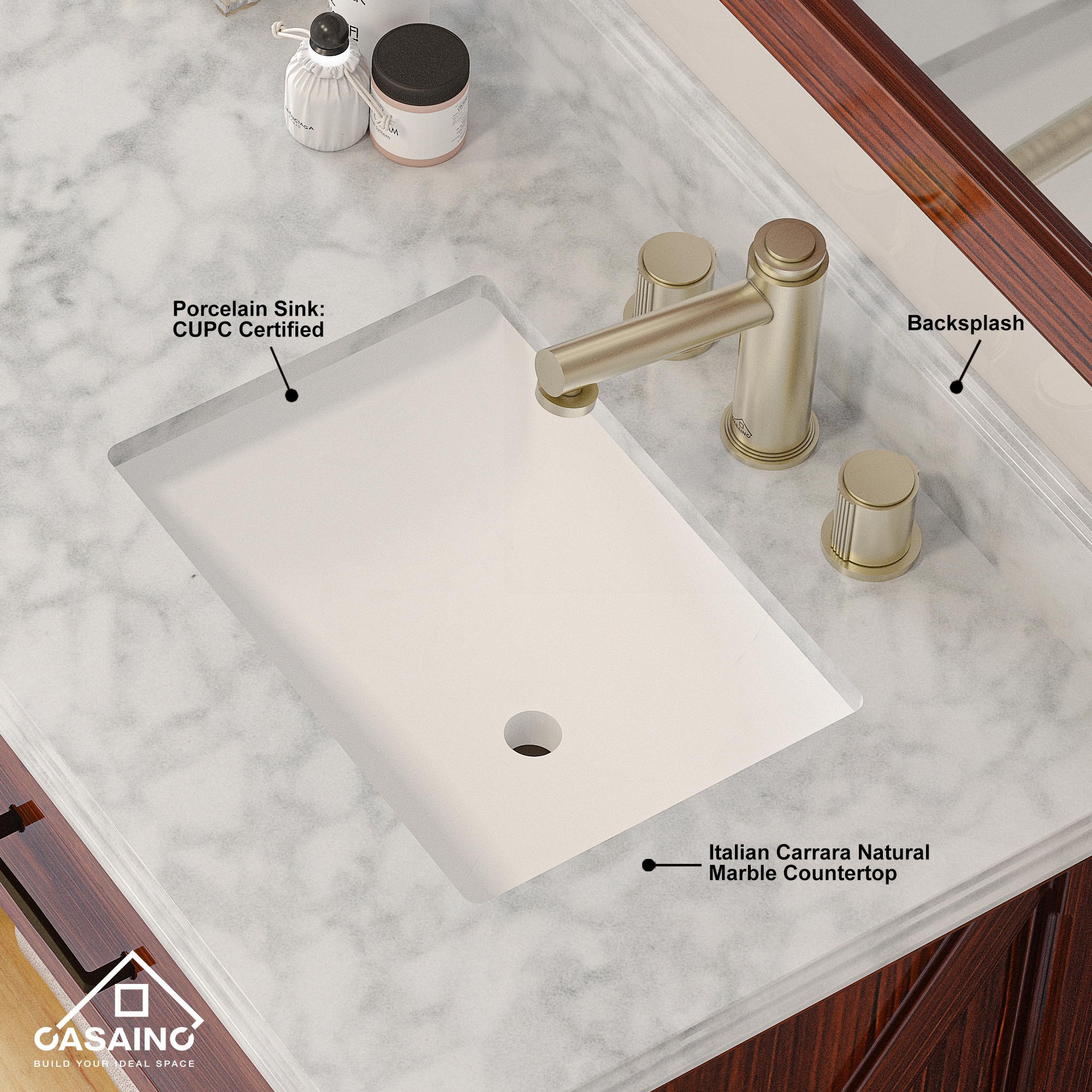 Tapa de tocador de baño de mármol natural blanco Carrara con dos lavabos empotrados de 61 pulgadas x 22 pulgadas y 6 orificios de CASAINC