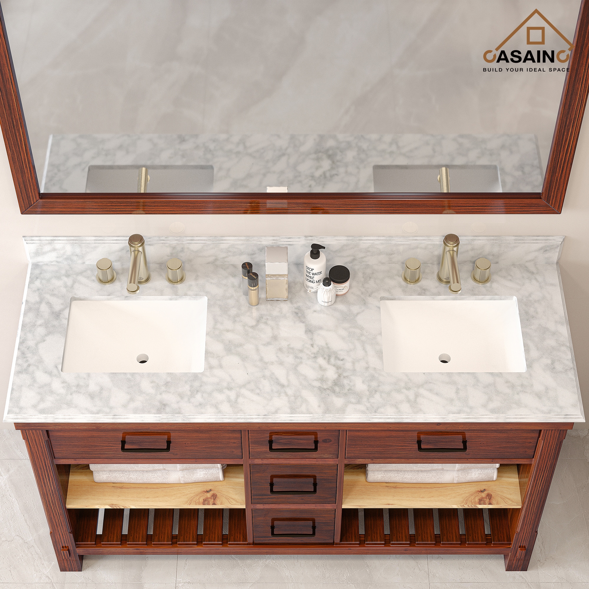 Tapa de tocador de baño de mármol natural blanco Carrara con dos lavabos empotrados de 61 pulgadas x 22 pulgadas y 6 orificios de CASAINC