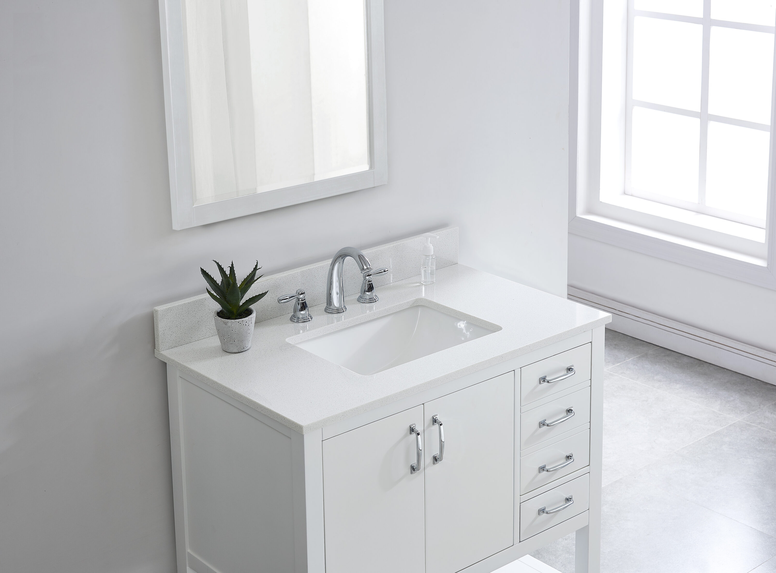 Encimera de tocador de baño de mármol sintético blanco/pulido, bajo cubierta de 37 pulgadas x 22 pulgadas de allen + roth Meridian con 3 orificios para lavabo individual - 261016