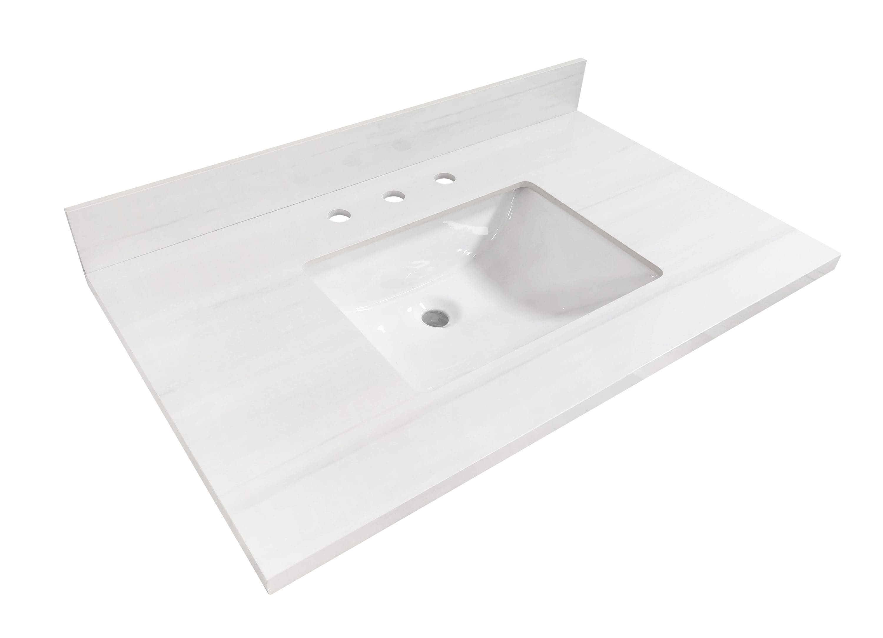 Tapa de tocador para baño de una pieza blanca de piedra sinterizada Dolomiti Bianco de 37 pulgadas x 22 pulgadas con lavabo individual empotrado bajo encimera de 3 orificios de allen + roth