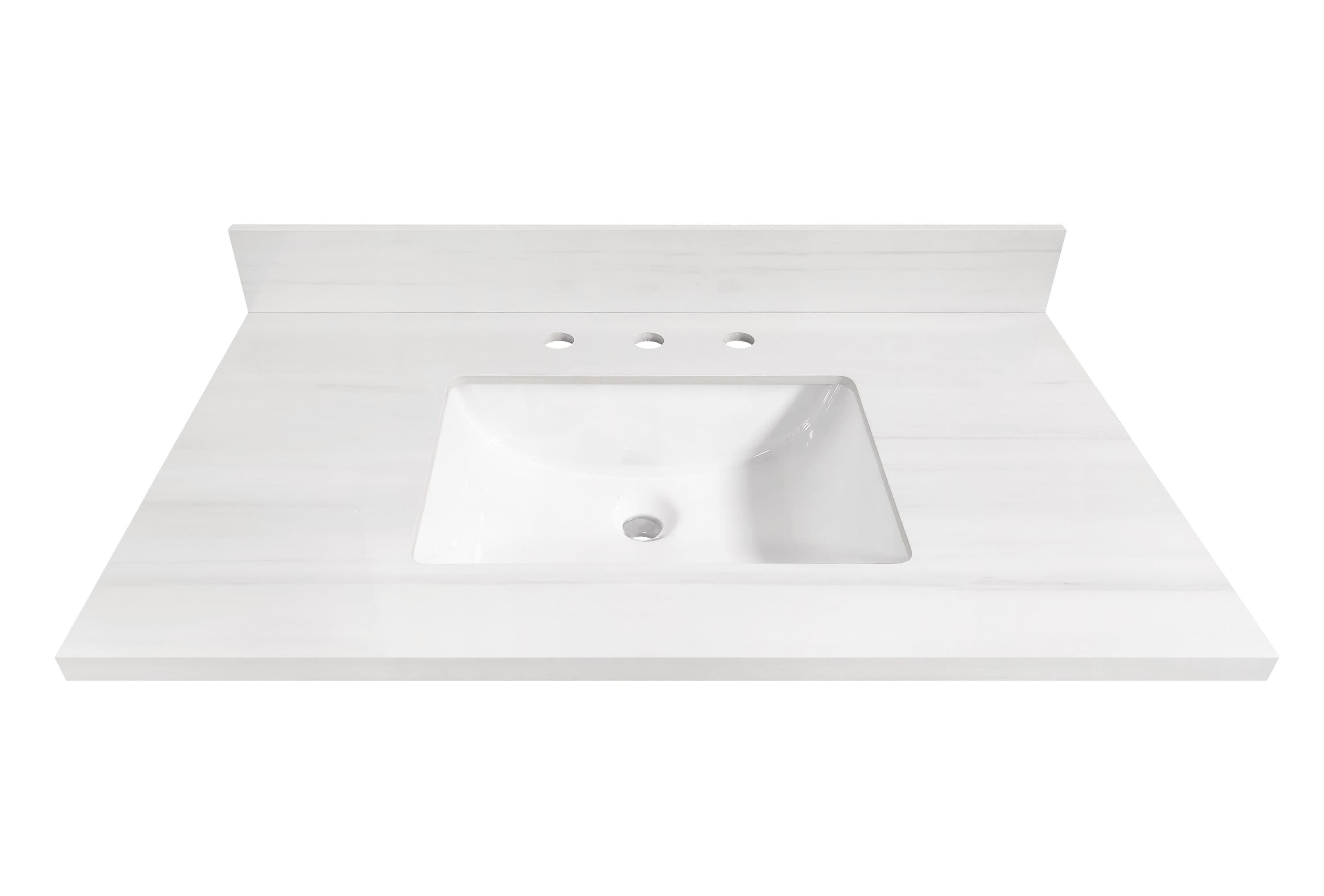 Tapa de tocador para baño de una pieza blanca de piedra sinterizada Dolomiti Bianco de 37 pulgadas x 22 pulgadas con lavabo individual empotrado bajo encimera de 3 orificios de allen + roth