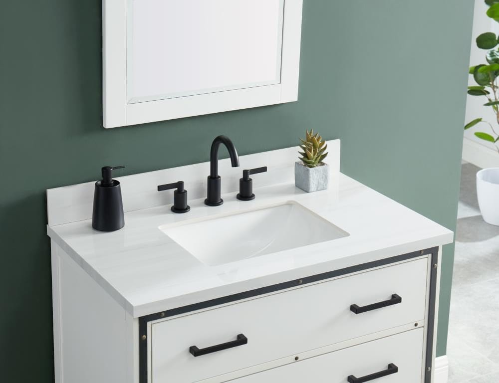 Tapa de tocador para baño de una pieza blanca de piedra sinterizada Dolomiti Bianco de 37 pulgadas x 22 pulgadas con lavabo individual empotrado bajo encimera de 3 orificios de allen + roth
