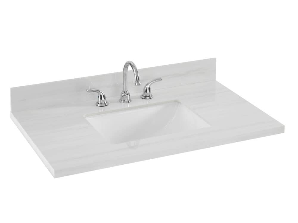 Tapa de tocador para baño de una pieza blanca de piedra sinterizada Dolomiti Bianco de 37 pulgadas x 22 pulgadas con lavabo individual empotrado bajo encimera de 3 orificios de allen + roth