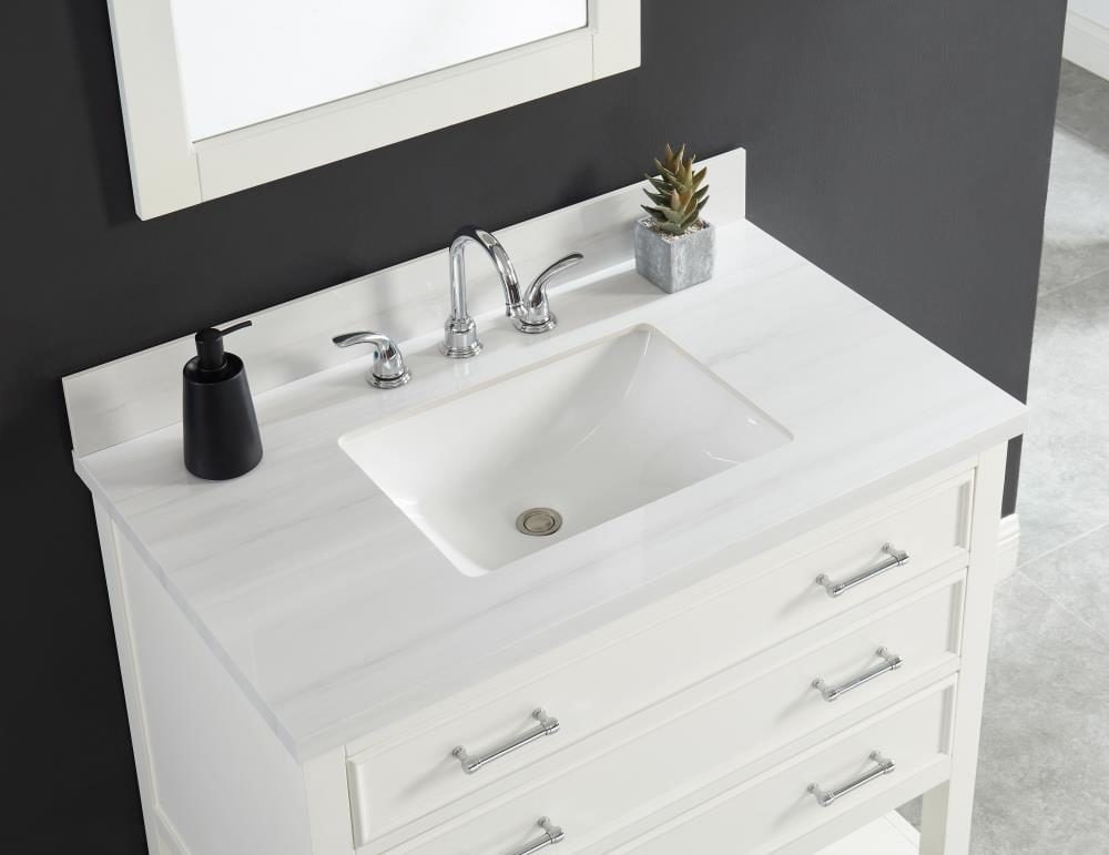 Tapa de tocador para baño de una pieza blanca de piedra sinterizada Dolomiti Bianco de 37 pulgadas x 22 pulgadas con lavabo individual empotrado bajo encimera de 3 orificios de allen + roth