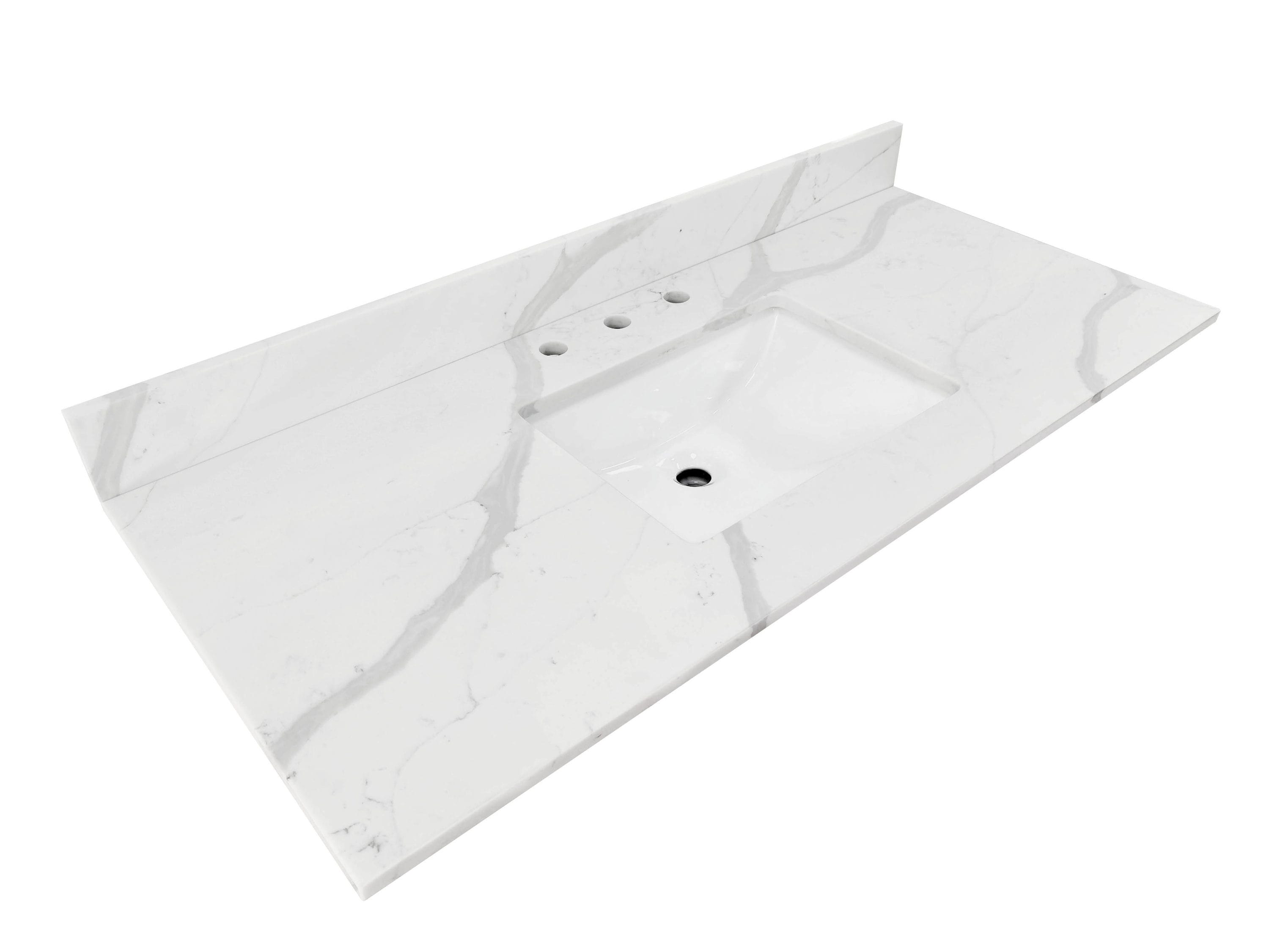 Tapa de tocador de baño de cuarzo blanco Calacatta de 49 pulgadas x 22 pulgadas con lavabo individual de montaje inferior y 3 orificios de allen + roth