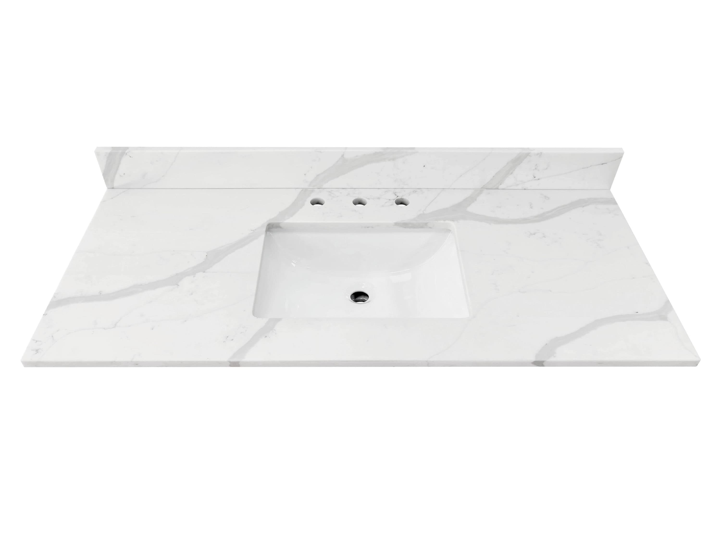 Tapa de tocador de baño de cuarzo blanco Calacatta de 49 pulgadas x 22 pulgadas con lavabo individual de montaje inferior y 3 orificios de allen + roth