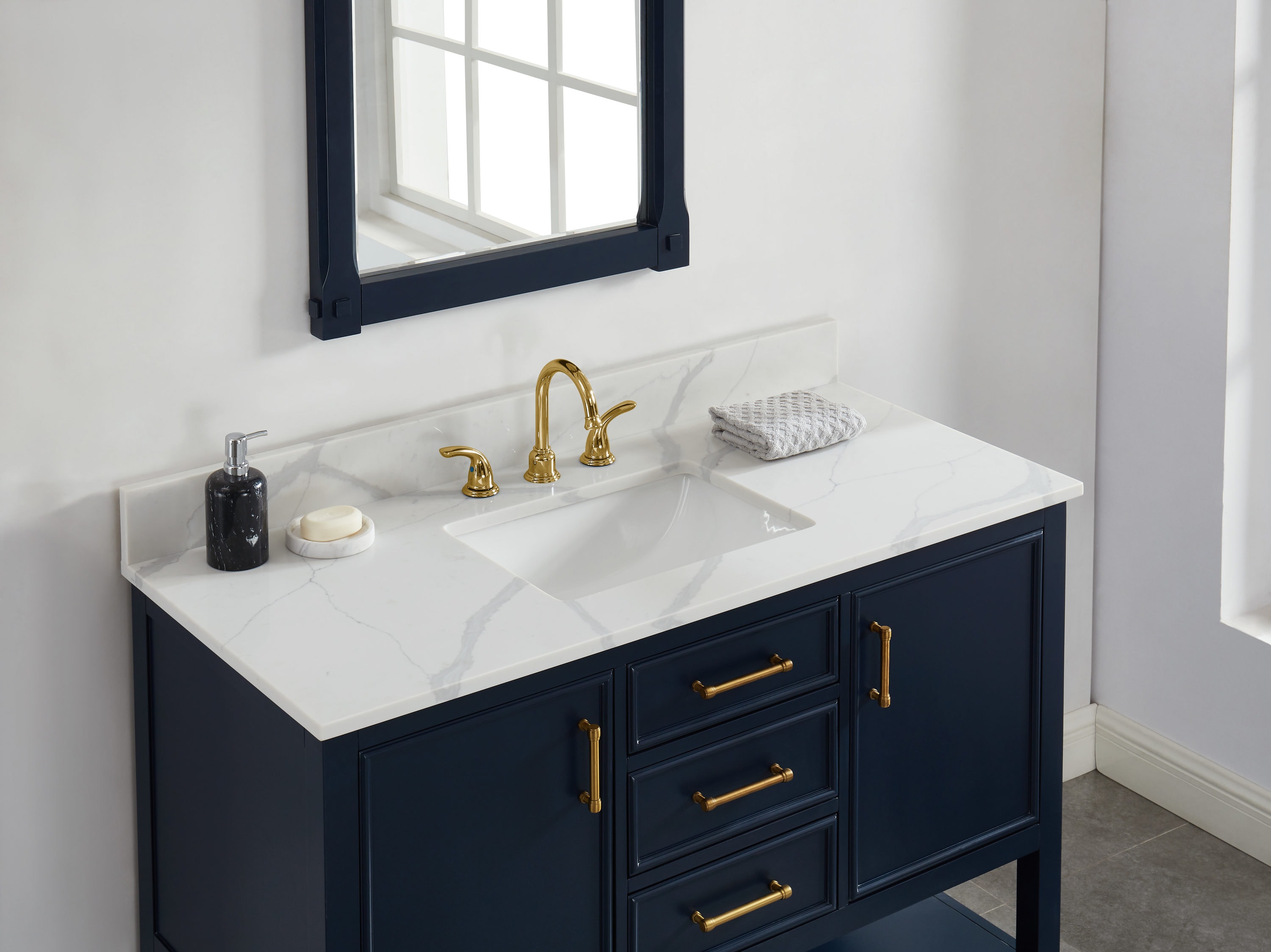 Tapa de tocador de baño de cuarzo blanco Calacatta de 49 pulgadas x 22 pulgadas con lavabo individual de montaje inferior y 3 orificios de allen + roth