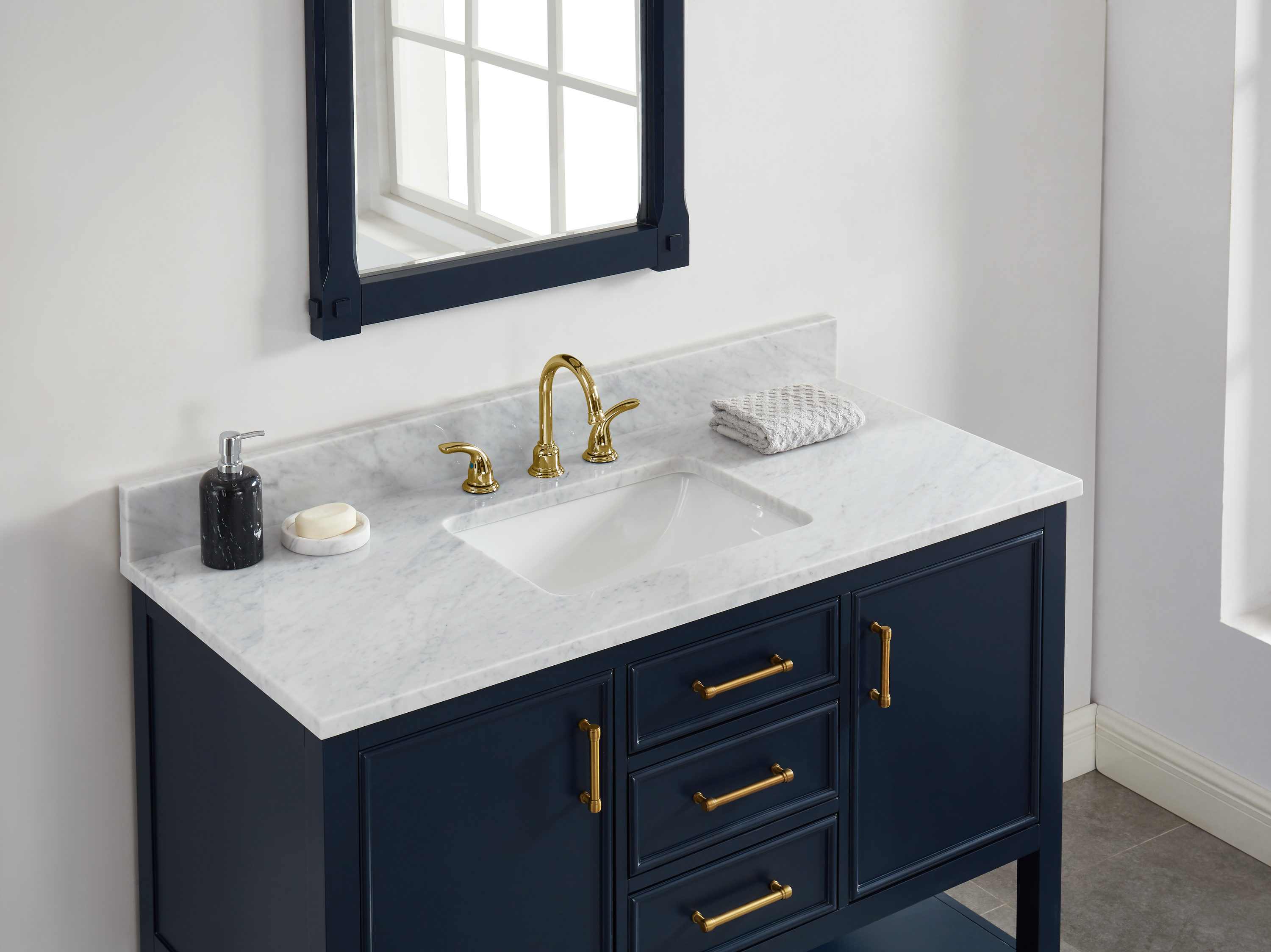 Tapa de tocador de baño de mármol natural Carrara blanco de 49 pulgadas x 22 pulgadas con fregadero individual de montaje inferior de 3 agujeros de allen + roth