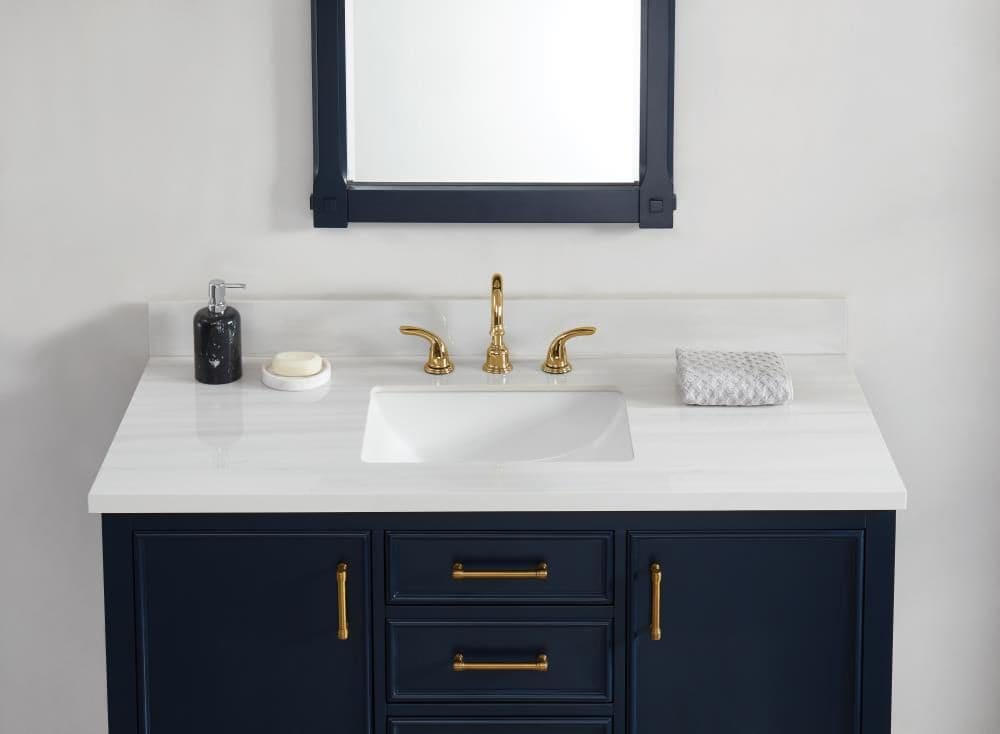 Cubierta de tocador para baño blanca de piedra sinterizada Dolomiti Bianco de 49 pulgadas x 22 pulgadas con lavabo individual bajo cubierta de 3 orificios de allen + roth