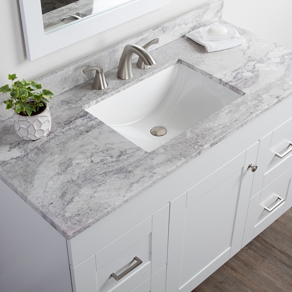 Tapa de tocador de baño de mármol cultivado Solstice de 49 pulgadas x 22 pulgadas con lavabo individual empotrado y 3 orificios_Style Selections Stone Effects R42 VT4922