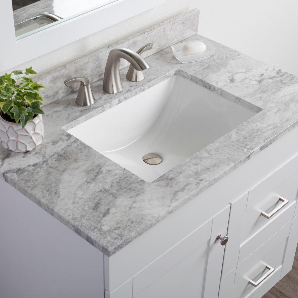 Encimera de baño de mármol cultivado Solstice de 37 pulgadas x 22 pulgadas con lavabo individual empotrado y 3 orificios de Style Selections Stone Effects R42 VT3722.