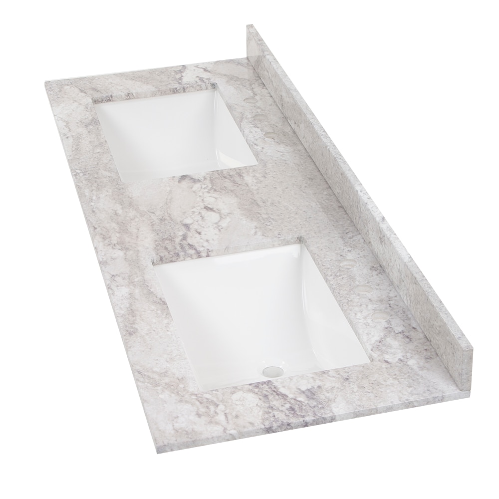 Tapa de tocador de baño de mármol cultivado Solstice de 61 pulgadas x 22 pulgadas con doble lavabo bajo encimera encastrada y 6 orificios de Style Selections Stone Effects R42 VT6122DB.