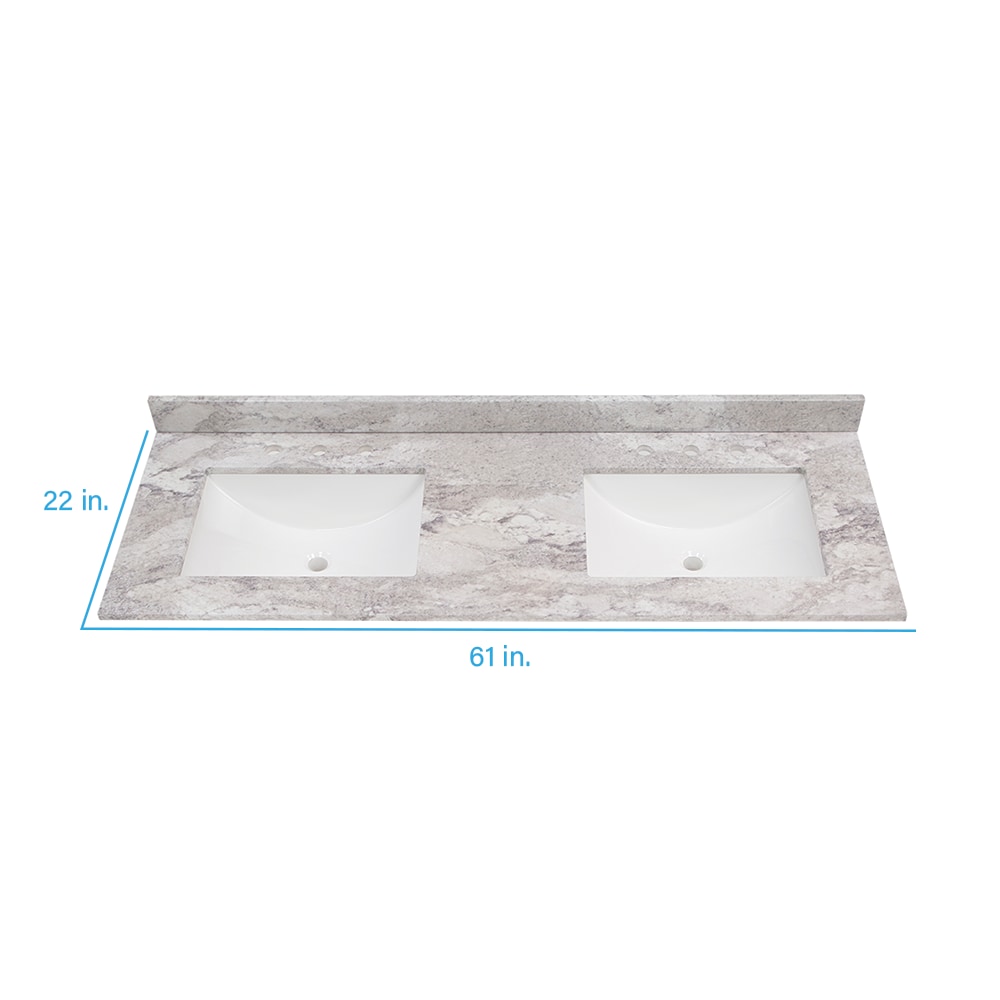 Tapa de tocador de baño de mármol cultivado Solstice de 61 pulgadas x 22 pulgadas con doble lavabo bajo encimera encastrada y 6 orificios de Style Selections Stone Effects R42 VT6122DB.