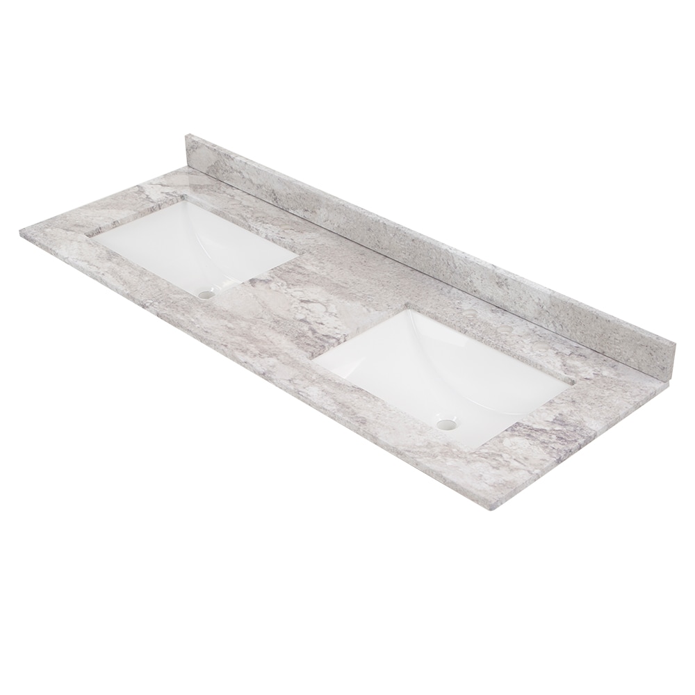 Tapa de tocador de baño de mármol cultivado Solstice de 61 pulgadas x 22 pulgadas con doble lavabo bajo encimera encastrada y 6 orificios de Style Selections Stone Effects R42 VT6122DB.