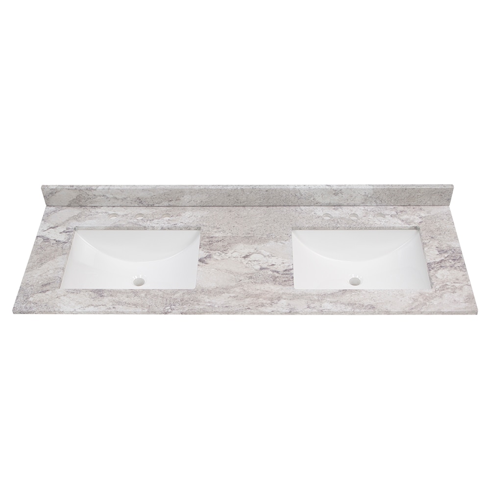 Tapa de tocador de baño de mármol cultivado Solstice de 61 pulgadas x 22 pulgadas con doble lavabo bajo encimera encastrada y 6 orificios de Style Selections Stone Effects R42 VT6122DB.
