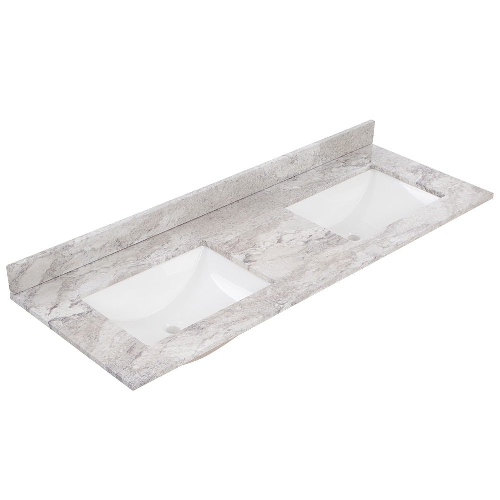 Tapa de tocador de baño de mármol cultivado Solstice de 61 pulgadas x 22 pulgadas con doble lavabo bajo encimera encastrada y 6 orificios de Style Selections Stone Effects R42 VT6122DB.