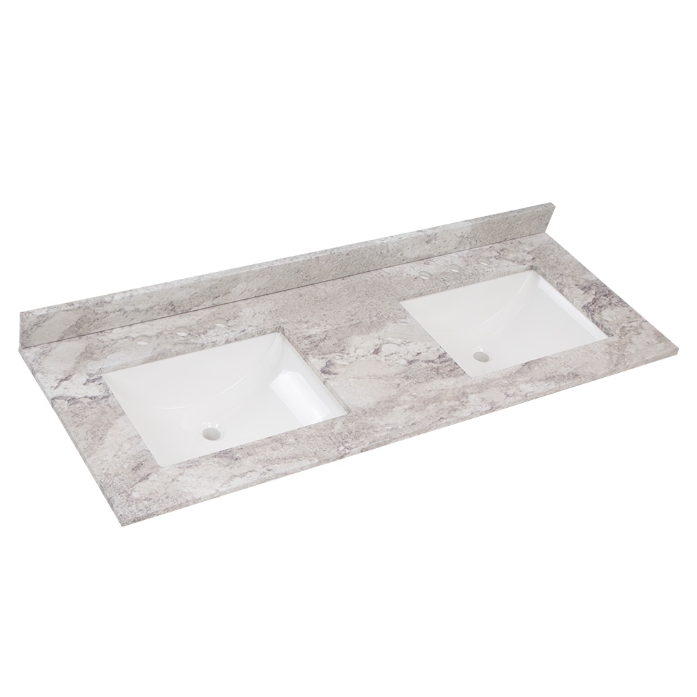 Tapa de tocador de baño de mármol cultivado Solstice de 61 pulgadas x 22 pulgadas con doble lavabo bajo encimera encastrada y 6 orificios de Style Selections Stone Effects R42 VT6122DB.