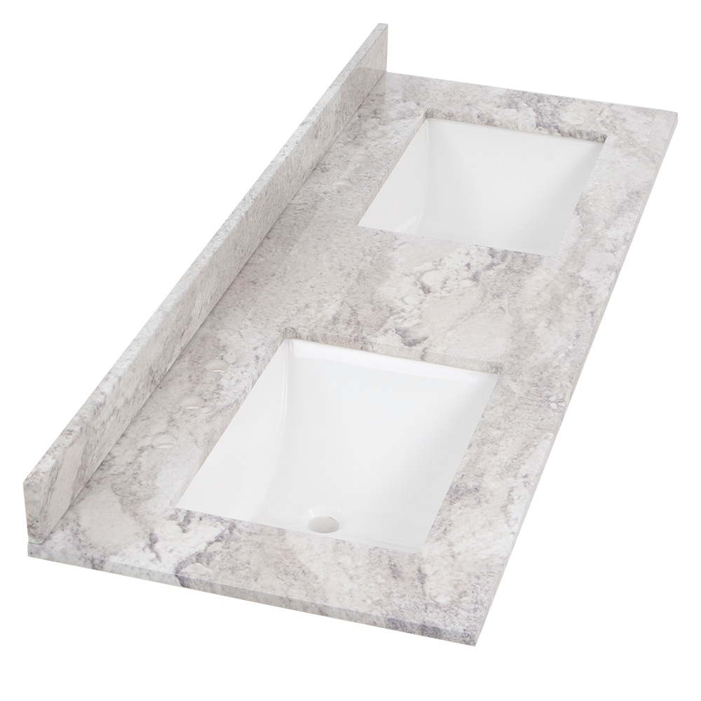 Tapa de tocador de baño de mármol cultivado Solstice de 61 pulgadas x 22 pulgadas con doble lavabo bajo encimera encastrada y 6 orificios de Style Selections Stone Effects R42 VT6122DB.