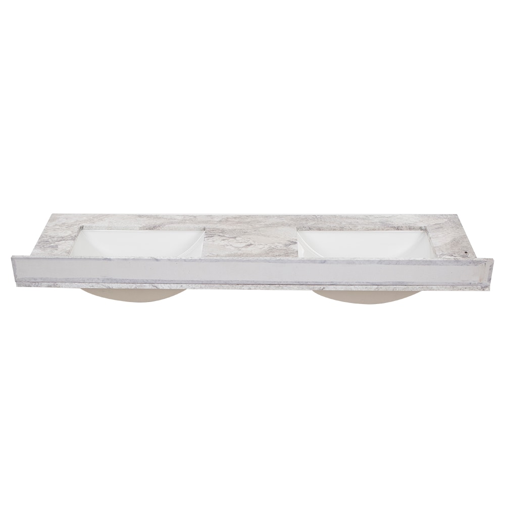Tapa de tocador de baño de mármol cultivado Solstice de 61 pulgadas x 22 pulgadas con doble lavabo bajo encimera encastrada y 6 orificios de Style Selections Stone Effects R42 VT6122DB.