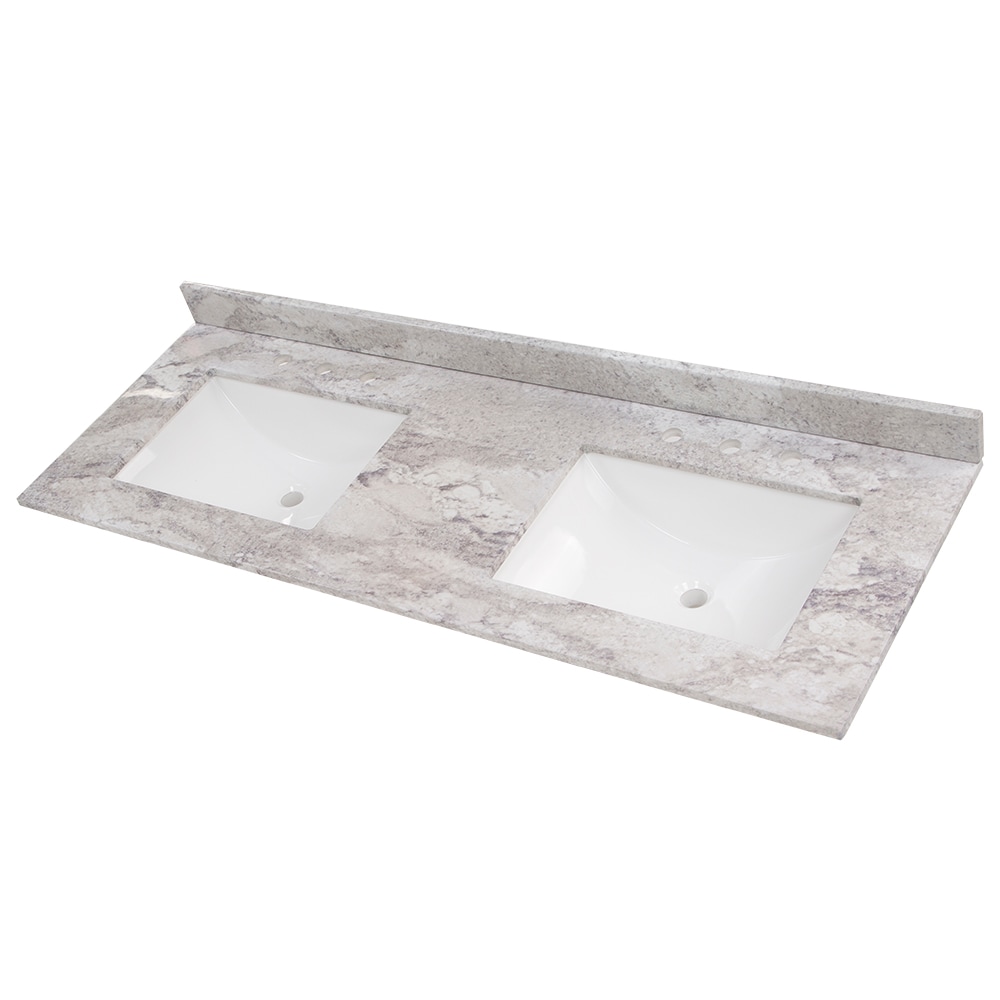 Tapa de tocador de baño de mármol cultivado Solstice de 61 pulgadas x 22 pulgadas con doble lavabo bajo encimera encastrada y 6 orificios de Style Selections Stone Effects R42 VT6122DB.