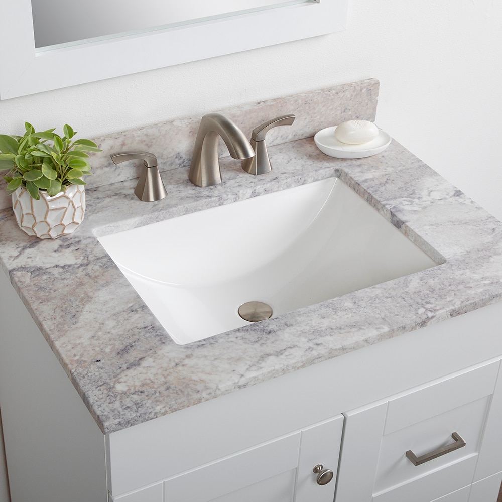 Cubierta de tocador de baño de mármol cultivado Solstice con lavabo individual bajo encimera y 3 orificios de 31 pulgadas x 22 pulgadas de Stone Effects de Style Selections.