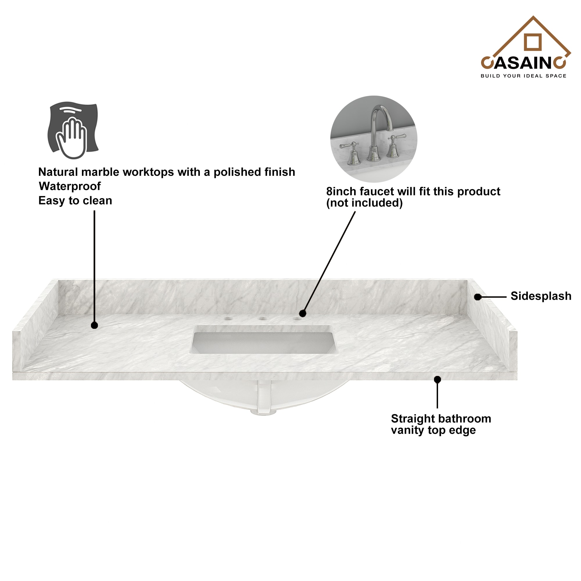 Tapa de tocador de baño de mármol blanco Carrara natural bajo encimera de 49 pulgadas x 22 pulgadas con un solo lavabo y 3 orificios - CASAINC MTL-50921988
